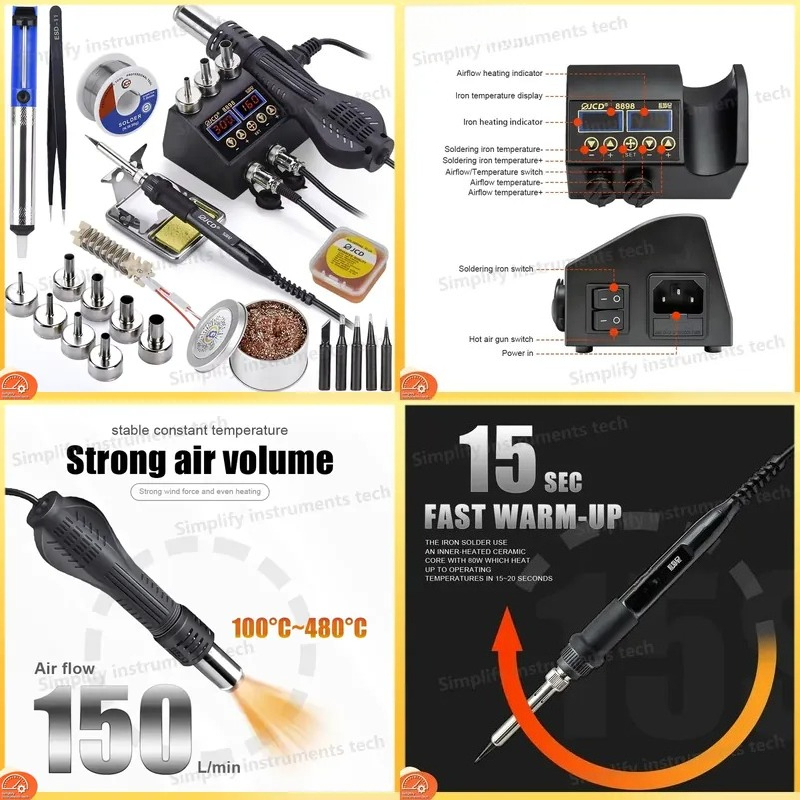 محطة لحام 8898 بقوة 750 واط، 2 - مراجعة 2 In 1 Soldering Rework Station 750W وسعره